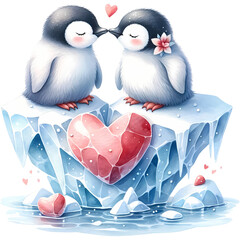 Two penguins on ice floe with red heart Valentine's Day themes