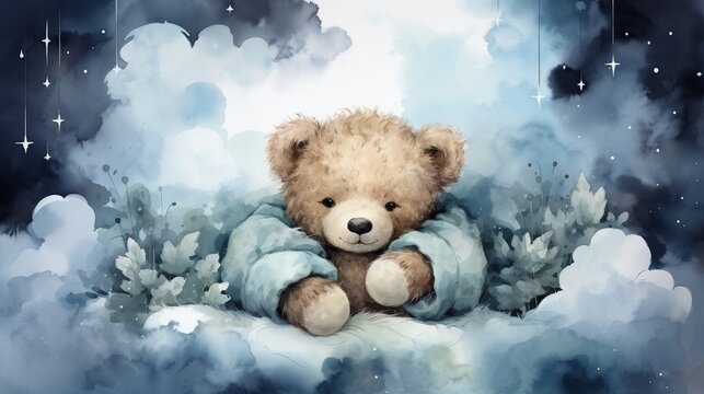 cute baby teddy bear sleeping on the cloud painted in watercolor on a white isolated background.