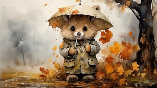 cute bear brings umbrella at garden with autumn leaves painted in watercolor on a white isolated background.