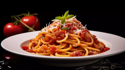 Bucatini all'amatriciana, traditional recipe of pasta with guanciale, pecorino and tomato sauce, Italian cuisine 