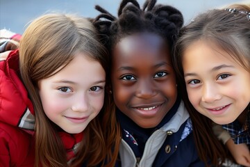Portrait of three girls of different races, they are smiling. Energetic Multicultural Students Engaged in Language Exchange and Enthusiastic Mutual Learning