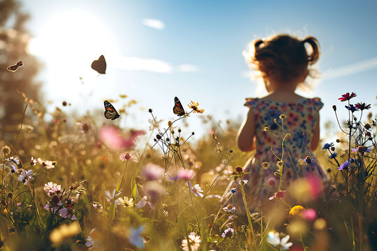 little child playing in the meadow, child in the field of flowers, Child observing butterflies in a spring meadow, wildflowers, sunny day