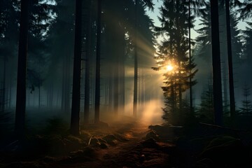 Mysterious foggy forest scenery