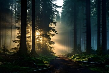 Mysterious foggy forest scenery