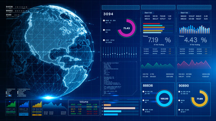HUD infographic financial and global economy. Business charts and data numbers, Information reports of business strategy for investment. Technology data analysis. 3d rendering - obrazy, fototapety, plakaty