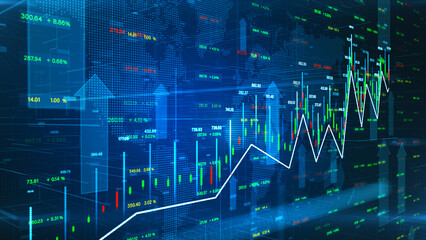 Global financial investment, Stock market up arrow, and candlestick on blue background. Financial data Information for Trading and business investment. 3d rendering