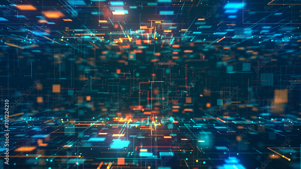 Fototapete technology network connection, digital cyberspace technology abstract background with squares and li