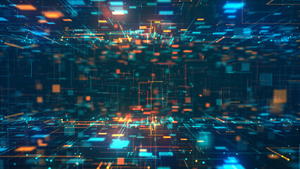 Fototapeta premium Technology network connection, Digital cyberspace technology abstract background with squares and lines, Digital matrix with geometric shape. 3d rendering