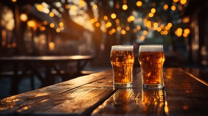 Fresh beer on wooden tabletop in Pub. Blurry background for restaurant menu, rustic texture. - obrazy, fototapety, plakaty