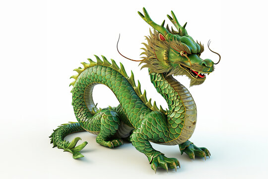 Chinese green wooden dragon 3d illustration. Chinese New Year 2024. Festive Chinese 3d dragon figurine isolated on solid background