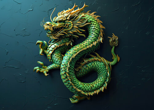Chinese green wooden dragon 3d illustration. Chinese New Year 2024. Festive Chinese 3d dragon figurine isolated on solid background