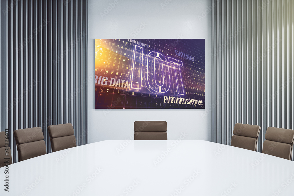 Poster Creative IOT hologram on presentation tv screen in a modern meeting room, research and development concept. 3D Rendering