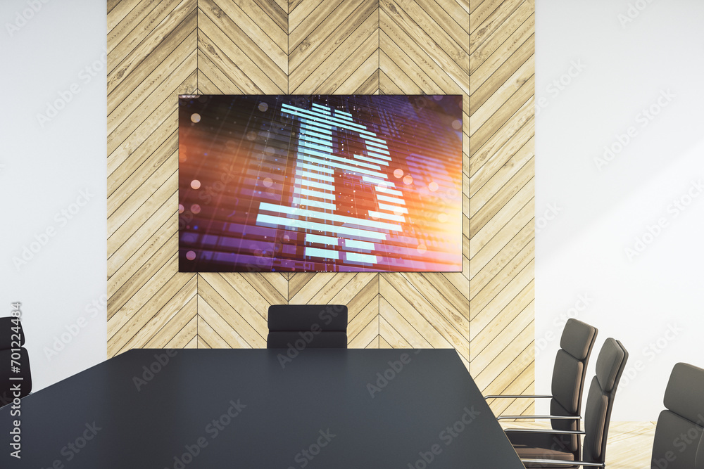Poster Creative Bitcoin symbol hologram on presentation monitor in a modern boardroom. Mining and blockchain concept. 3D Rendering