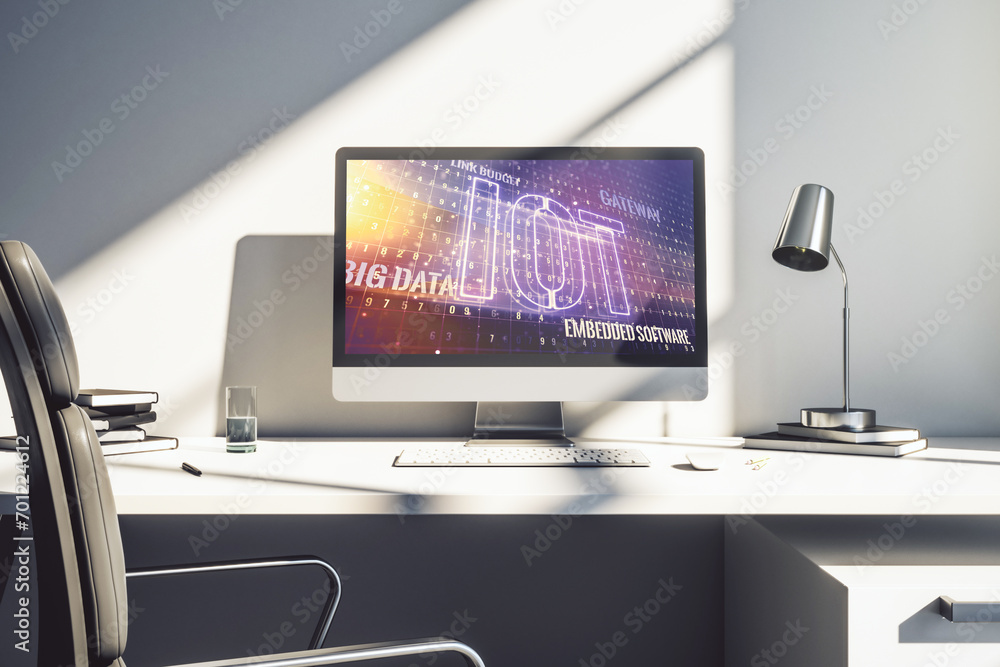 Aufkleber Modern computer monitor with creative IOT hologram, research and development concept. 3D Rendering