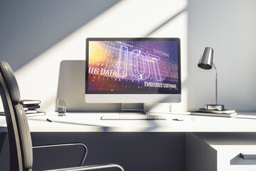Naklejka premium Modern computer monitor with creative IOT hologram, research and development concept. 3D Rendering