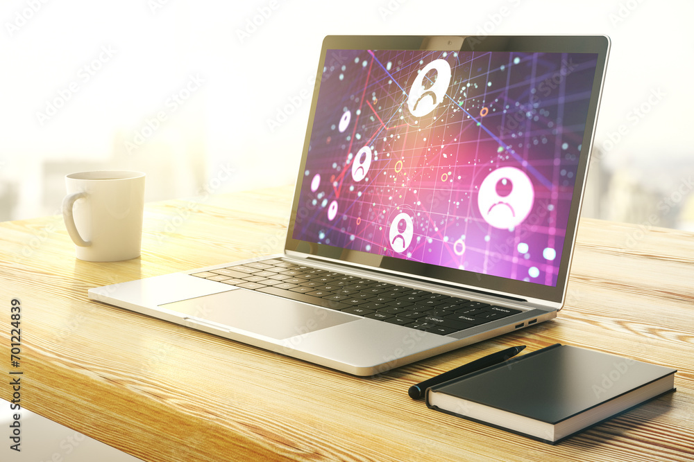 Poster modern computer monitor with social network icons concept. marketing and promotion concept. 3d rende