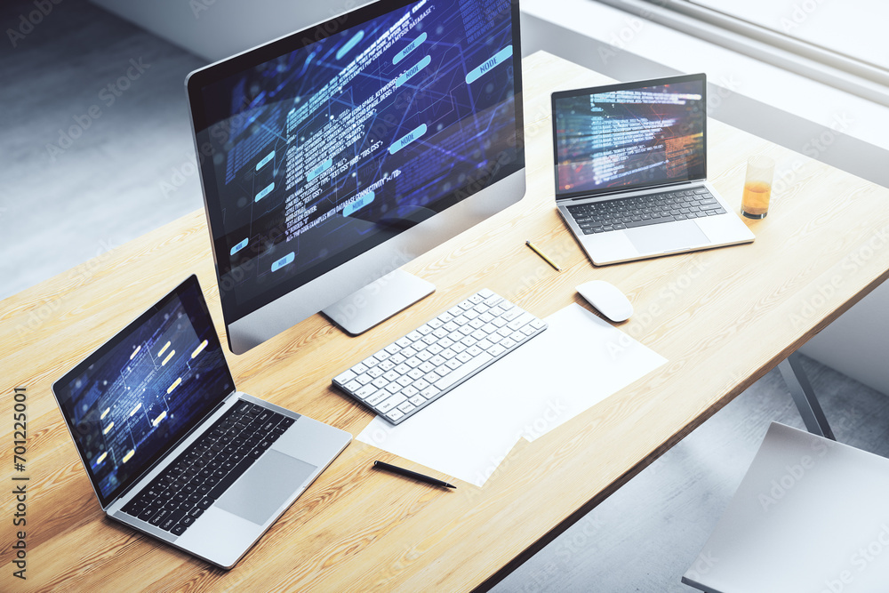 Aufkleber Computer monitor with abstract creative programming illustration, big data and blockchain concept. 3D Rendering