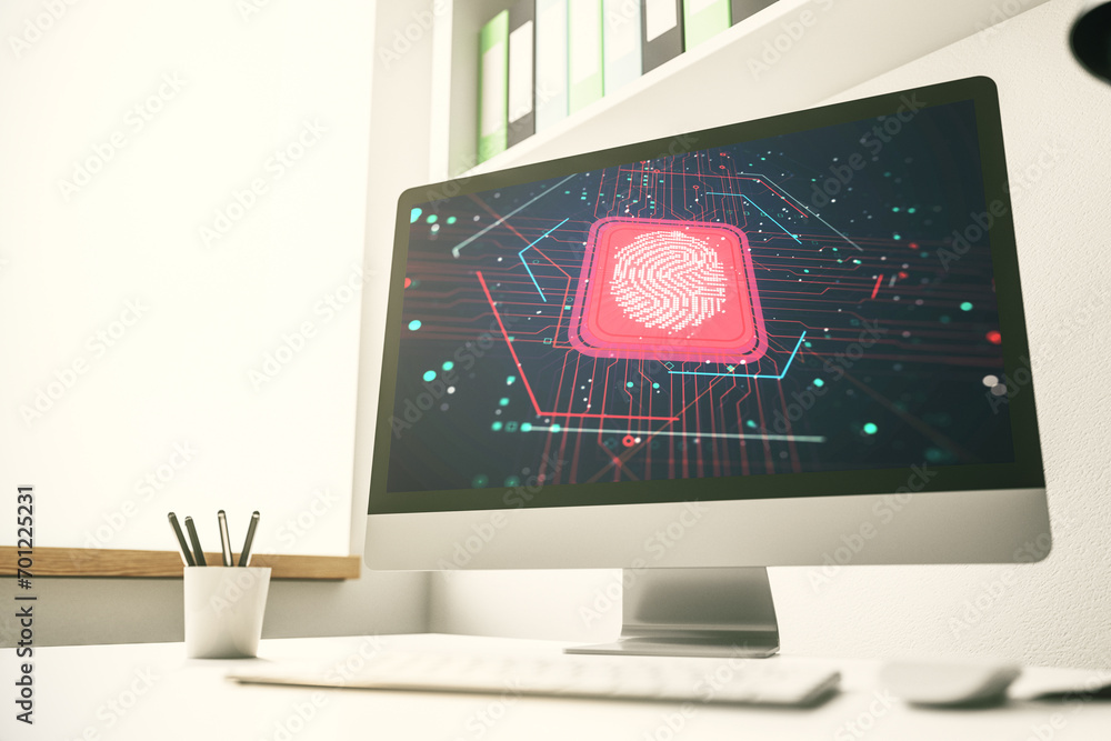 Aufkleber Modern computer screen with creative fingerprint hologram, personal biometric data concept. 3D Rendering