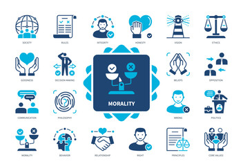 Morality icon set. Right, Ethics, Wrong, Behaviour, Philosophy, Society, Decision Making, Core Values. Duotone color solid icons - obrazy, fototapety, plakaty