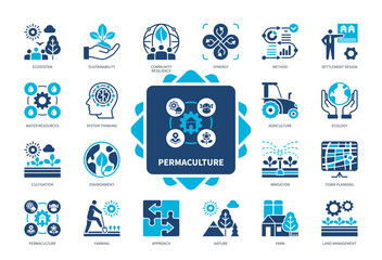 Permaculture icon set. Ecosystem, Agriculture, Settlement Design, Ecology, Land Management, Community Resilience, Water Resources, Synergy. Duotone color solid icons