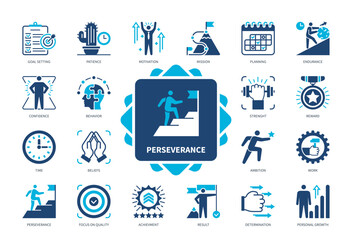 Perseverance icon set. Goal Setting, Planning, Focus on Target, Confidence, Patience, Endurance, Determination, Ambition. Duotone color solid icons