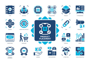 Product Placement icon set. Brand, Advertising, Links, Film, Audience, TV Programs, Cross Promotion, Synergy. Duotone color solid icons
