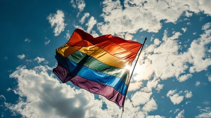 LGBT flag. Waving rainbow flag against blue sky. Freedom of love and diversity  