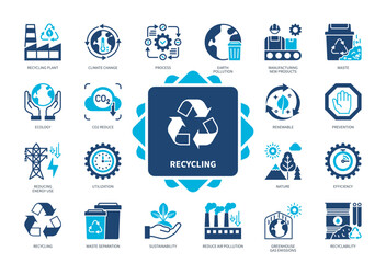 Recycling icon set. Recycling Plant, Efficiency, Renewable, Prevention, Sustainability, Ecology, Climate Change, Waste Separation. Duotone color solid icons