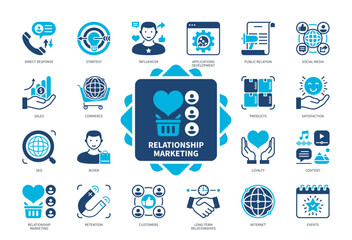 Relationship Marketing icon set. Public Relations, Strategy, SEO, Social Media, Influencer, Applications Development, Content, Retention. Duotone color solid icons
