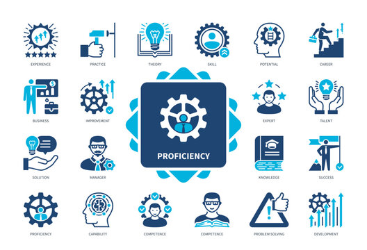 Proficiency icon set. Theory, Practice, Skill, Experience, Solution, Knowledge, Problem Solving, Development. Duotone color solid icons
