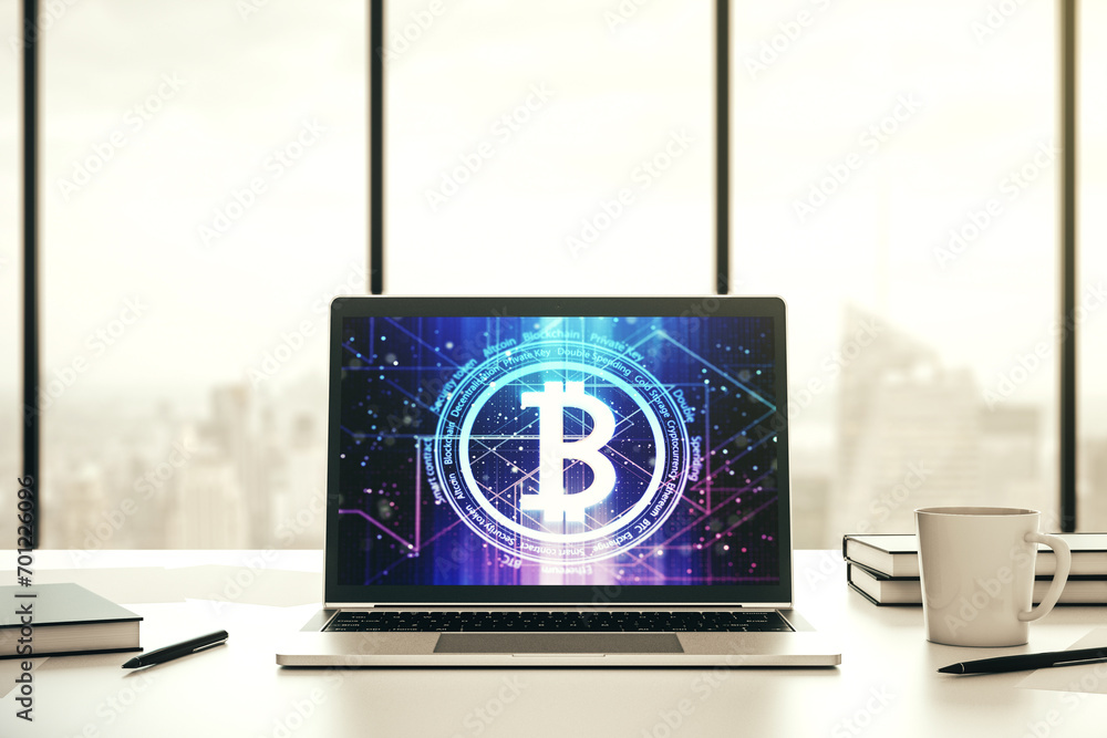 Poster creative bitcoin concept on modern laptop screen. 3d rendering