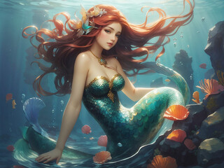 Obraz na płótnie Canvas Mermaid Under the Water. Ai Generated