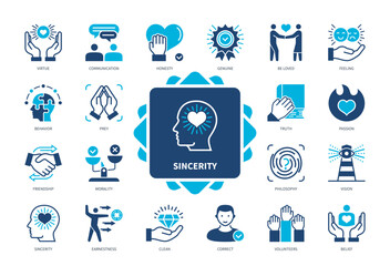 Sincerity icon set. Honesty, Feelings, Beliefs, Virtue, Communication, Morality, Be Loved, Truth. Duotone color solid icons