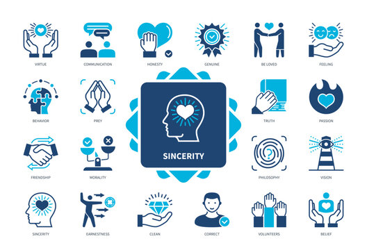 Sincerity icon set. Honesty, Feelings, Beliefs, Virtue, Communication, Morality, Be Loved, Truth. Duotone color solid icons