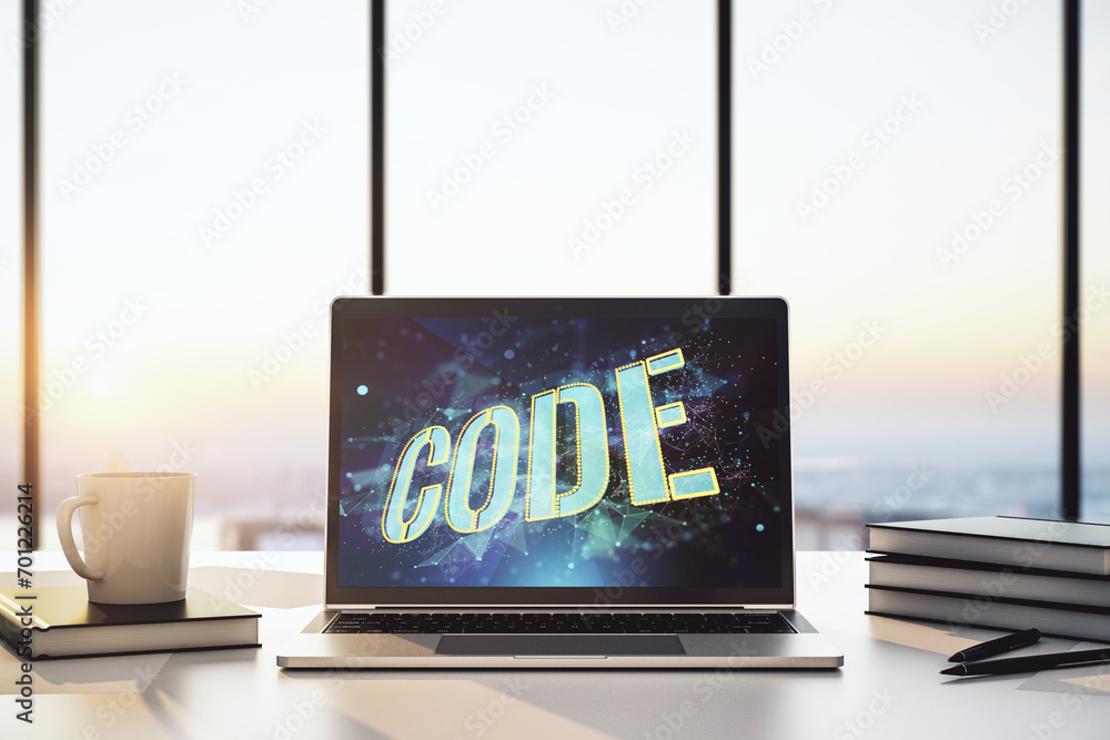 Poster Creative Code word sign on modern computer monitor, international software development concept. 3D Rendering