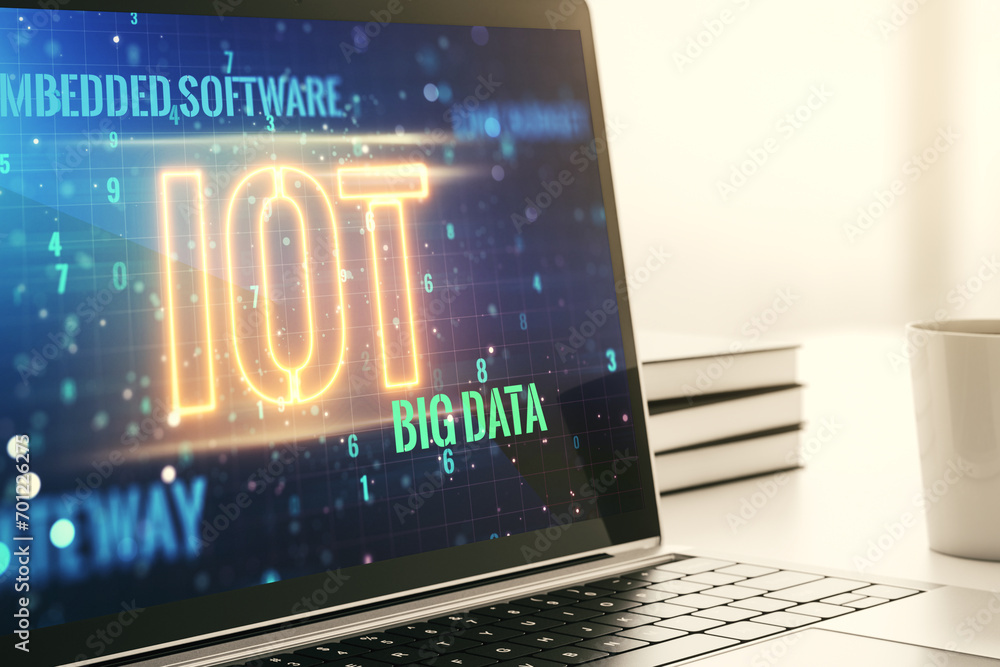 Poster creative iot concept on modern laptop screen. 3d rendering