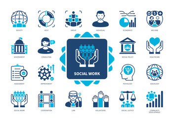 Social Work icon set. Society, Psychology, Social Justice, Sociology, Improvement, Economics, Community Development, Government. Duotone color solid icons