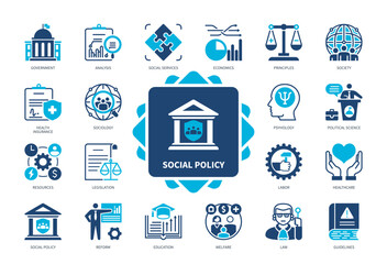 Social Policy icon set. Government, Political Science, Legislation, Social Services, Labor, Welfare, Reform, Education. Duotone color solid icons