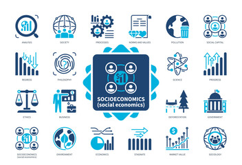 Socioeconomics icon set. Norms and Values, Pollution, Analysis, Processes, Ethics, Sociology, Science, Social Capital. Duotone color solid icons - obrazy, fototapety, plakaty