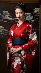 Elegant foreigner woman embracing Japanese culture, beautifully adorned in a vibrant red kimono dress, symbolizing cultural appreciation and style
