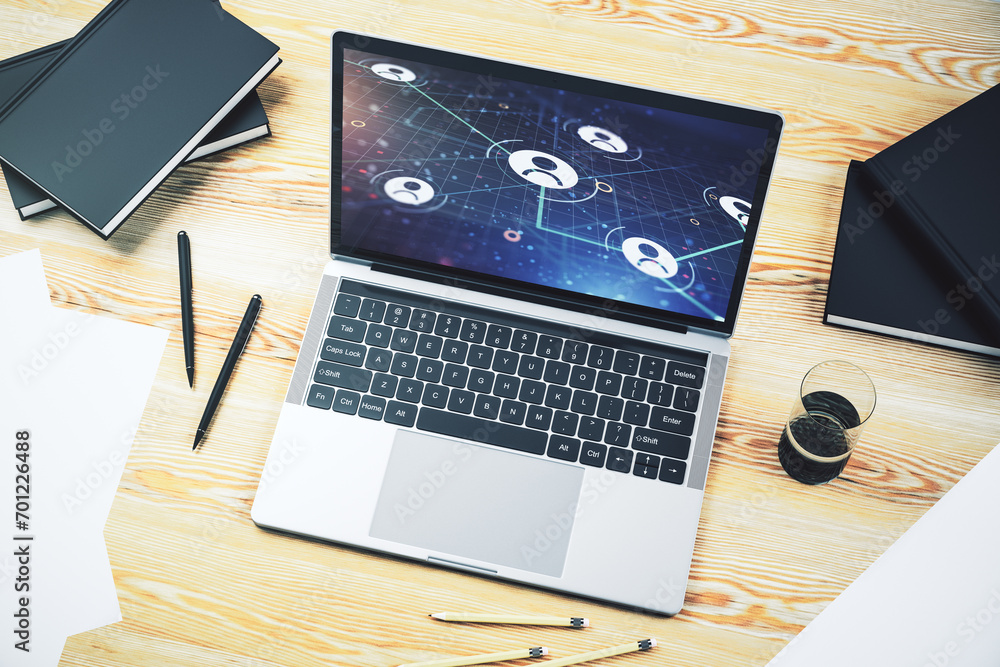 Aufkleber Social network concept on modern laptop screen. 3D Rendering