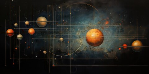 Oil painting  texture set against a black background, presenting an abstract representation astral imagery, depicting planets and stars suspended.