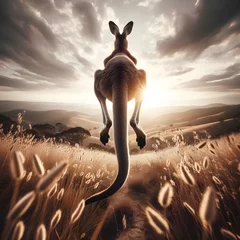  Back low angle view of  Australian kangaroo leaping jumping up, animal action concept © palangsi