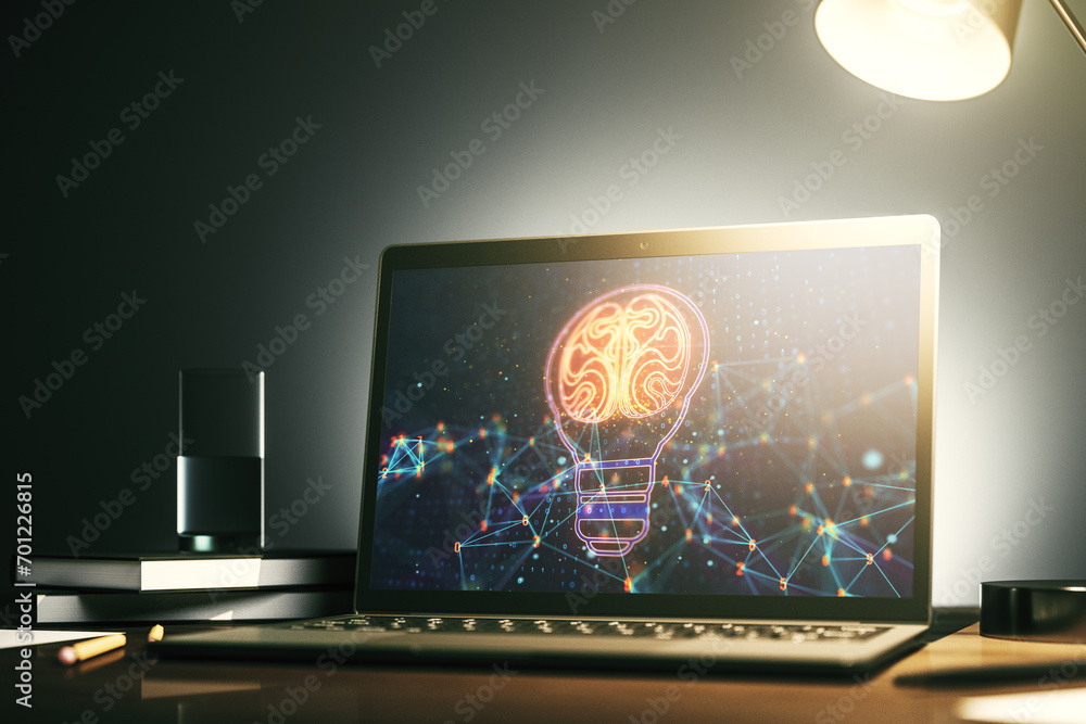 Leinwandbilder modern computer monitor with creative light bulb hologram with human brain, idea and brainstorming c