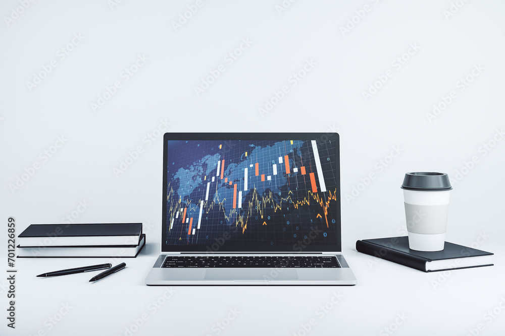Aufkleber computer monitor with abstract creative financial graph with world map, financial and trading concep