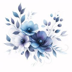 Floral watercolor illustration in the shades of blue, isolated on a white background.