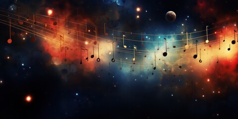 Abstract background image featuring music notes suspended in a cosmic expanse blur background. - obrazy, fototapety, plakaty