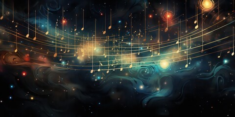 Abstract background image featuring music notes suspended in a cosmic expanse blur background. - obrazy, fototapety, plakaty