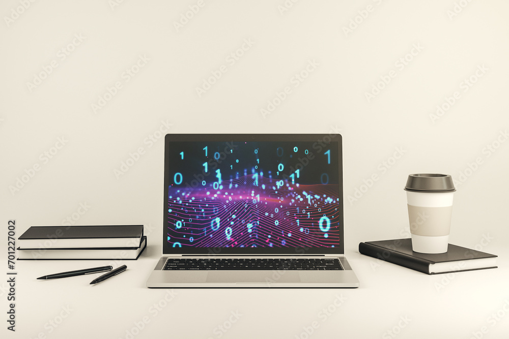 Aufkleber Creative abstract binary code hologram on modern computer monitor, AI and machine learning concept. 3D Rendering