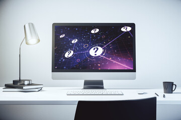 Creative abstract question mark hologram on modern computer monitor, future technology concept. 3D Rendering